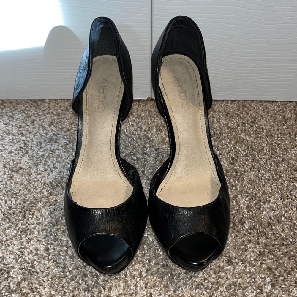 ALDO Black Leather Peeptoe Platform Heels Size 38 7.5
